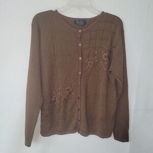 Jenny‎ Vintage Sweater Womens L Brown Floral Embroidered Cardigan Cottagecore